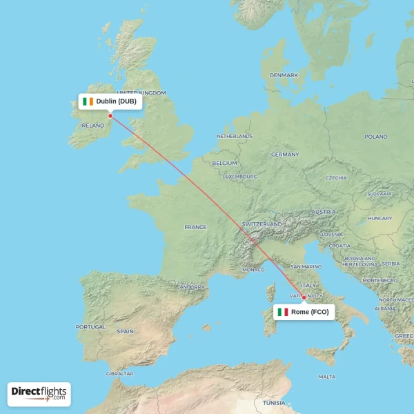 Dublin - Rome direct flight map