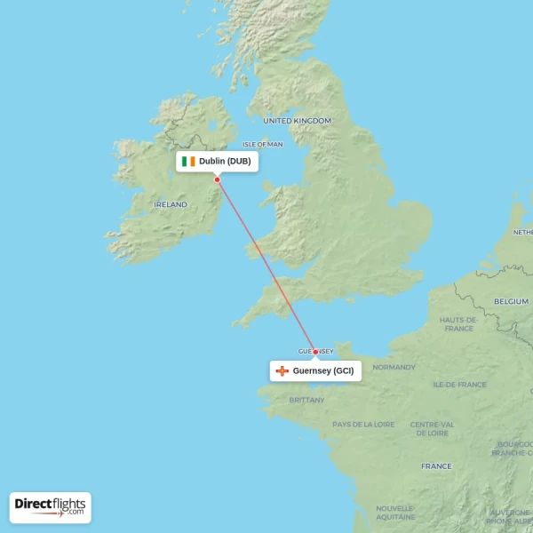 Dublin - Guernsey direct flight map