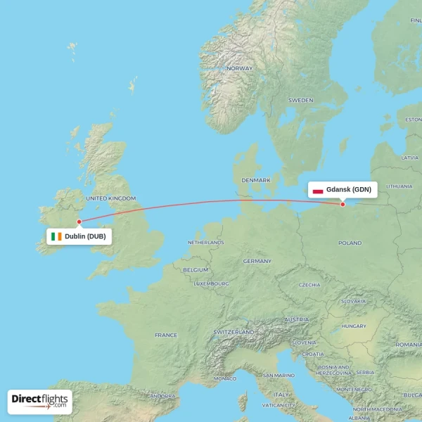Dublin - Gdansk direct flight map