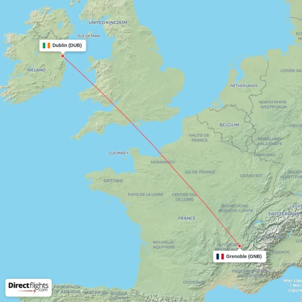 Dublin - Grenoble direct flight map