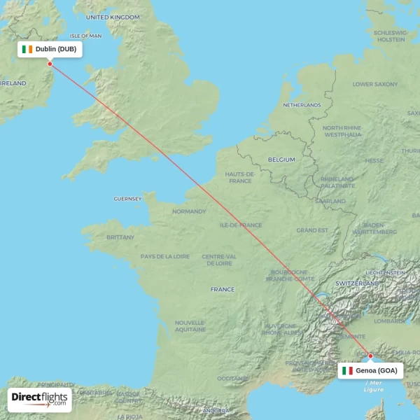 Dublin - Genoa direct flight map