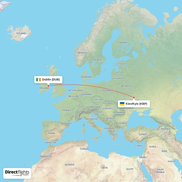 Dublin - Kiev/Kyiv direct flight map