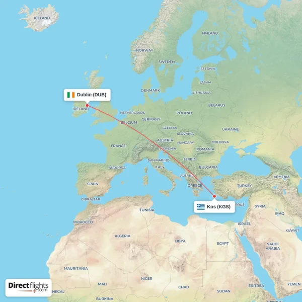Dublin - Kos direct flight map