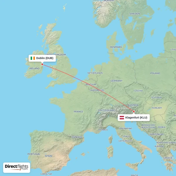 Dublin - Klagenfurt direct flight map