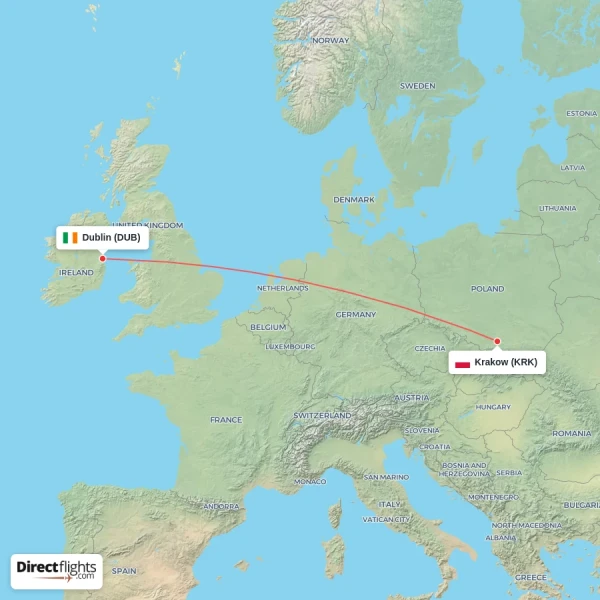 Dublin - Krakow direct flight map