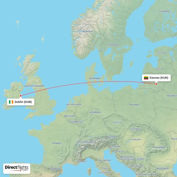 Dublin - Kaunas direct flight map