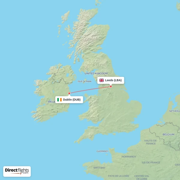 Dublin - Leeds direct flight map