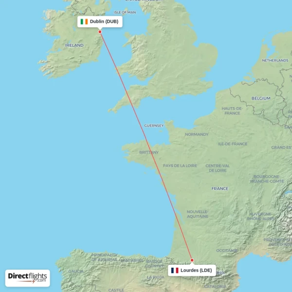 Dublin - Lourdes direct flight map