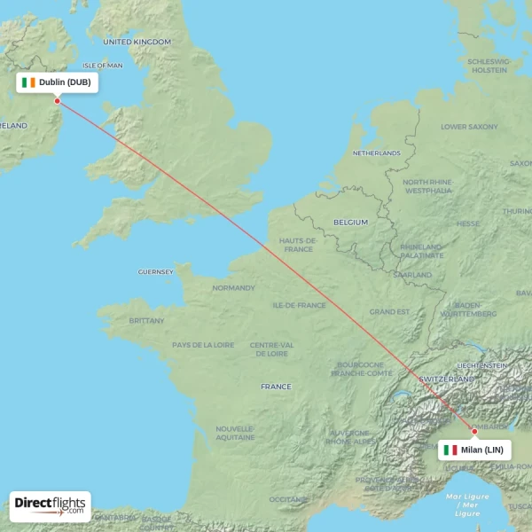 Dublin - Milan direct flight map
