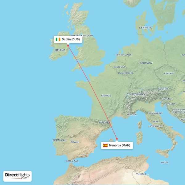 Dublin - Menorca direct flight map