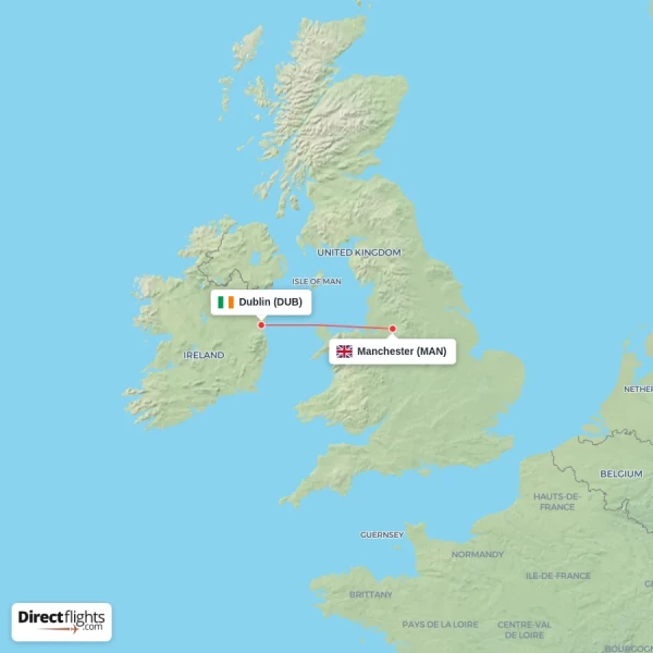 Dublin - Manchester direct flight map