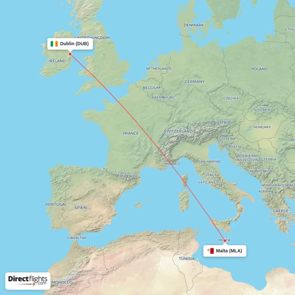 Dublin - Malta direct flight map