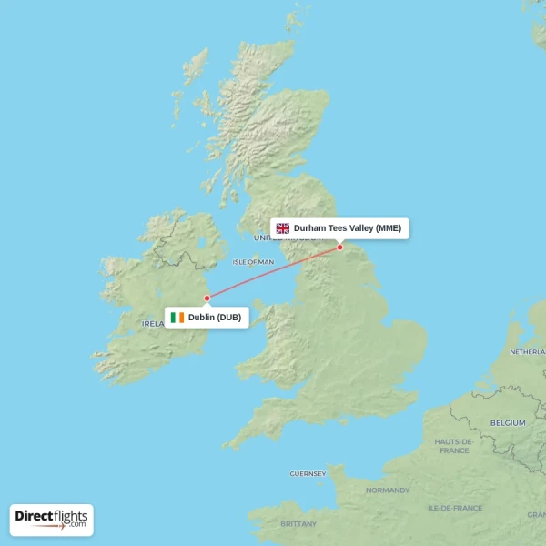 Dublin - Durham Tees Valley direct flight map