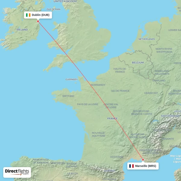 Dublin - Marseille direct flight map