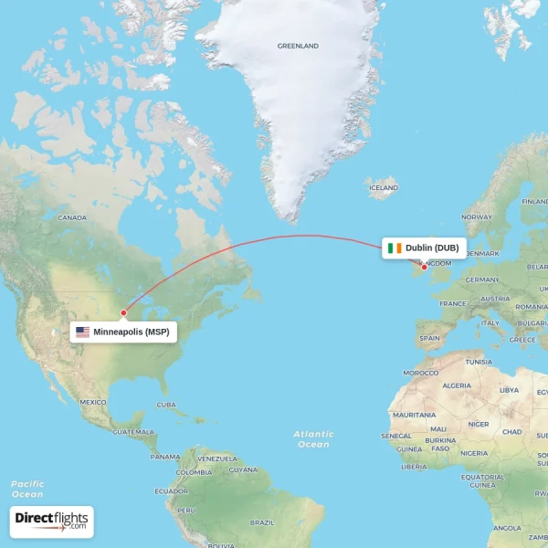 Dublin - Minneapolis direct flight map