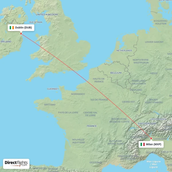 Dublin - Milan direct flight map