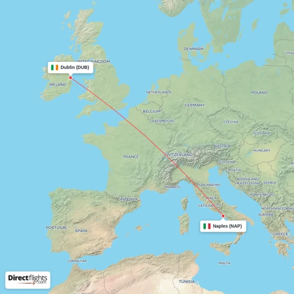 Dublin - Naples direct flight map