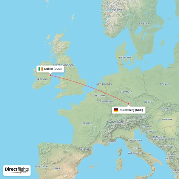 Dublin - Nuremberg direct flight map