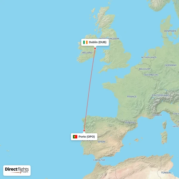 Dublin - Porto direct flight map