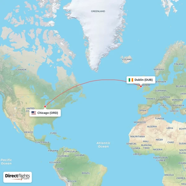 Dublin - Chicago direct flight map