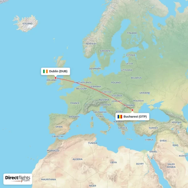 Dublin - Bucharest direct flight map