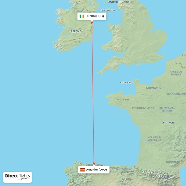 Dublin - Asturias direct flight map
