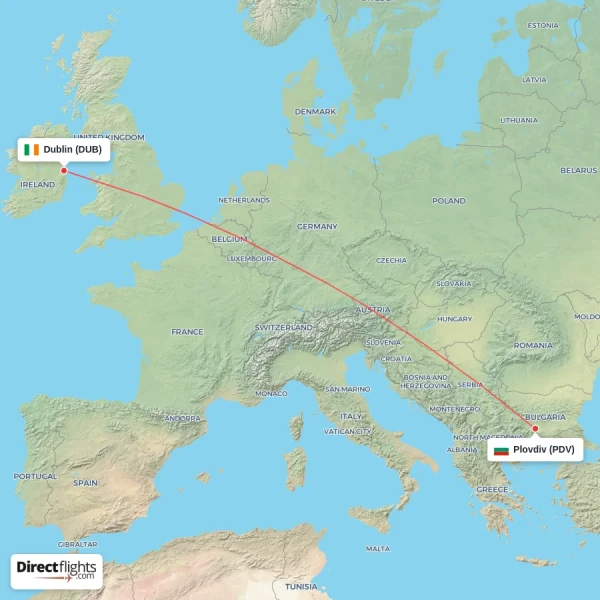 Dublin - Plovdiv direct flight map