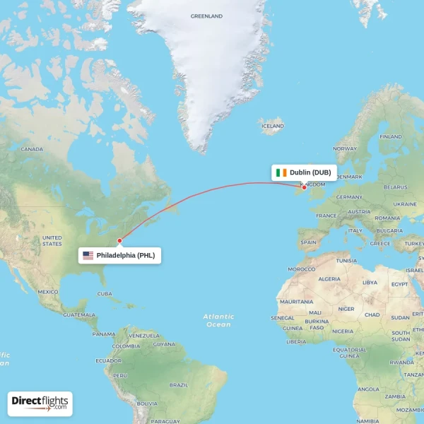 Dublin - Philadelphia direct flight map