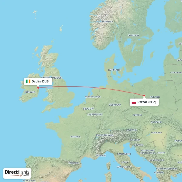 Dublin - Poznan direct flight map