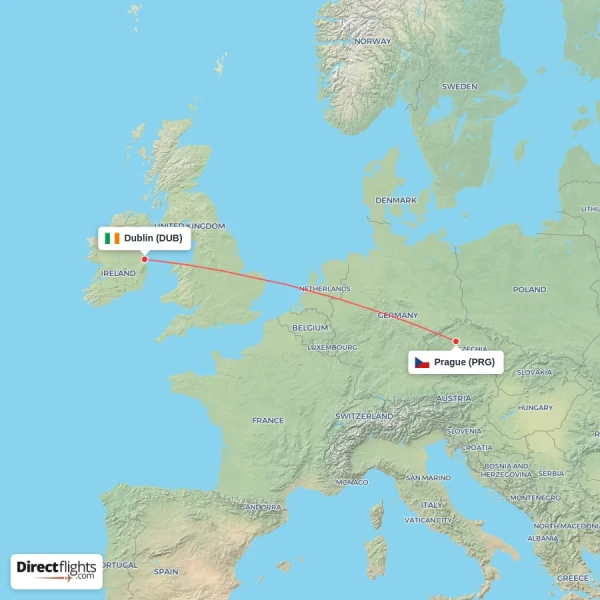 Dublin - Prague direct flight map