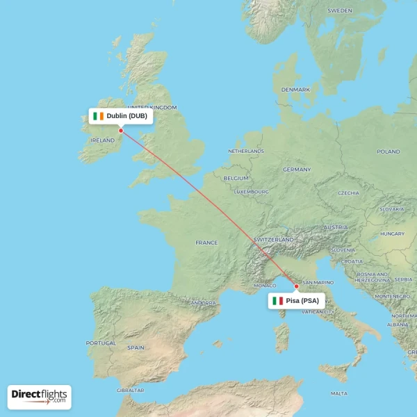 Dublin - Pisa direct flight map