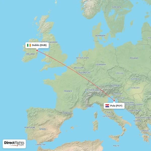 Dublin - Pula direct flight map