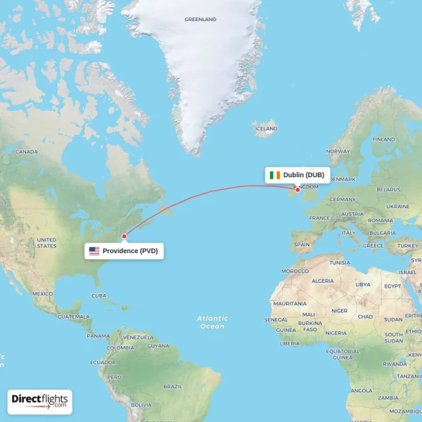 Dublin - Providence direct flight map