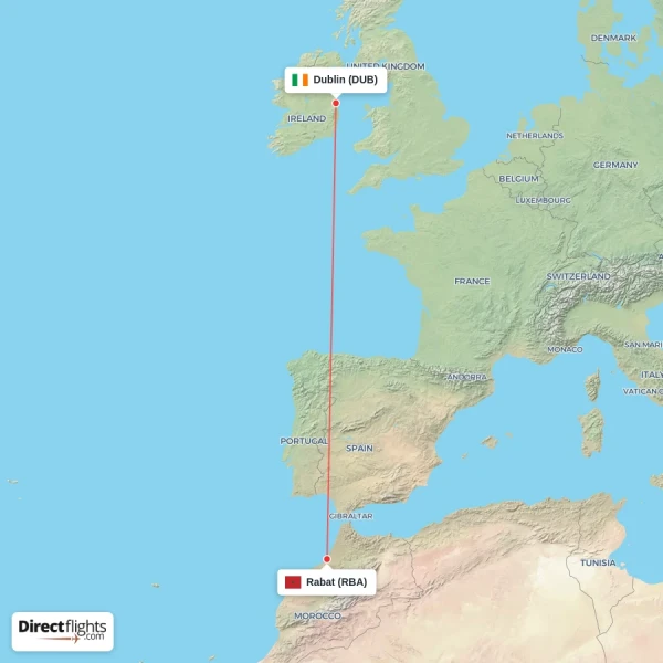 Dublin - Rabat direct flight map