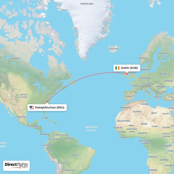 Dublin - Raleigh/Durham direct flight map