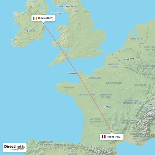 Dublin - Rodez direct flight map
