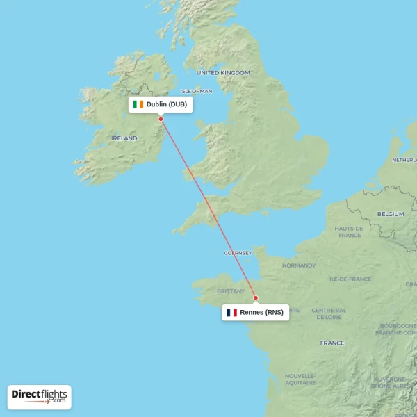 Dublin - Rennes direct flight map