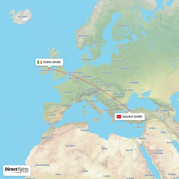 Dublin - Istanbul direct flight map