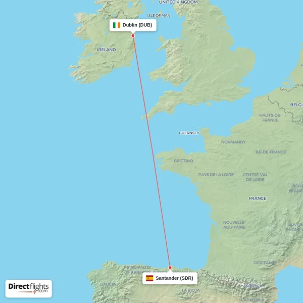 Dublin - Santander direct flight map
