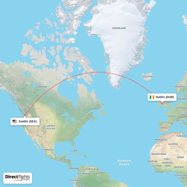 Dublin - Seattle direct flight map