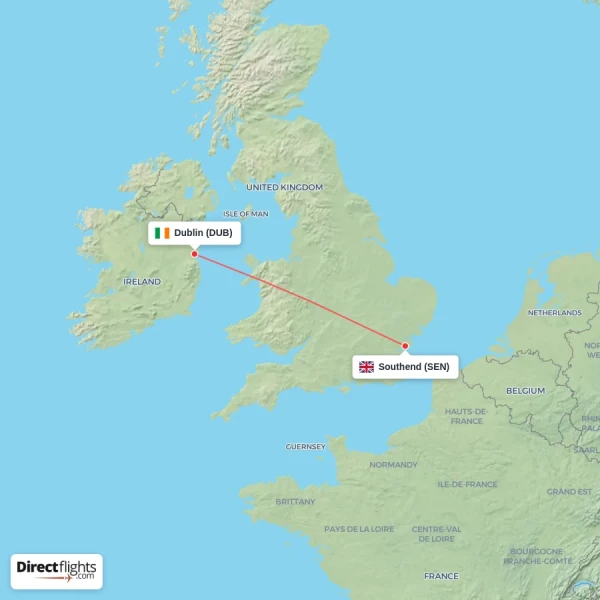 Dublin - Southend direct flight map