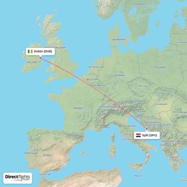 Dublin - Split direct flight map