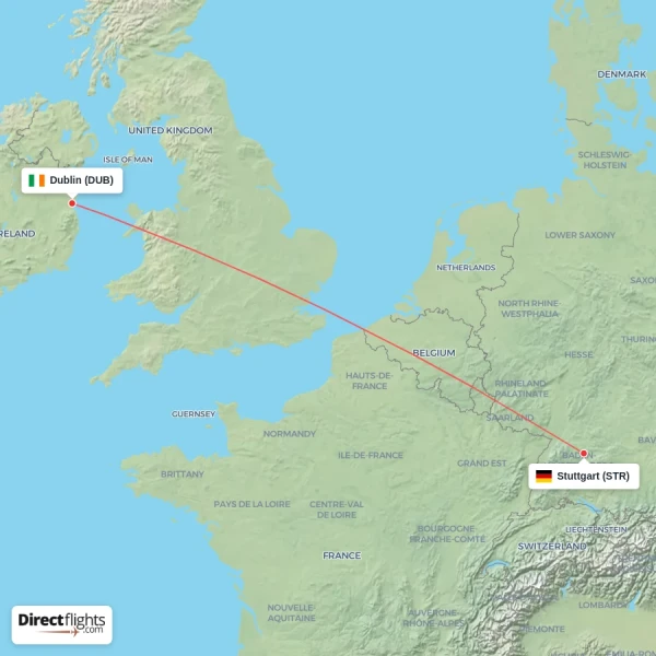 Dublin - Stuttgart direct flight map