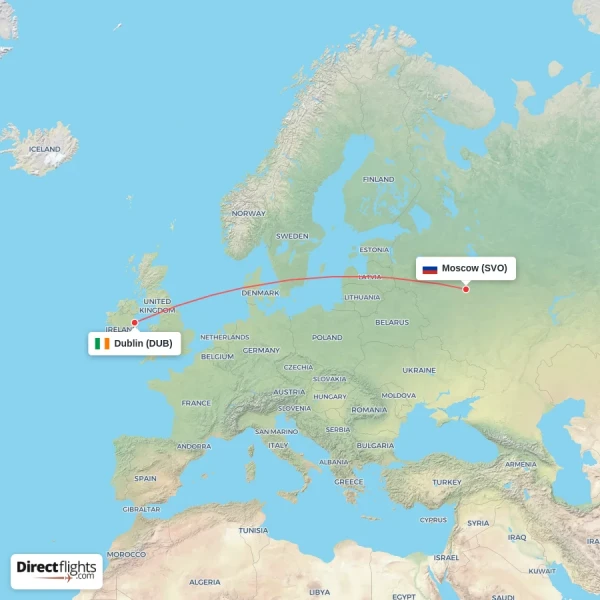Dublin - Moscow direct flight map