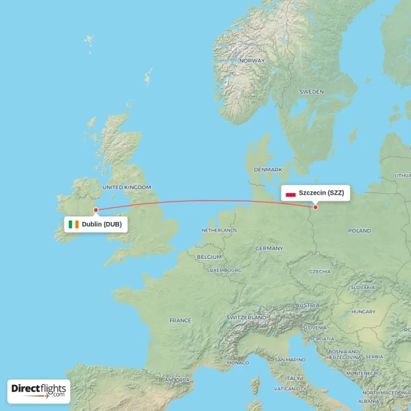 Dublin - Szczecin direct flight map