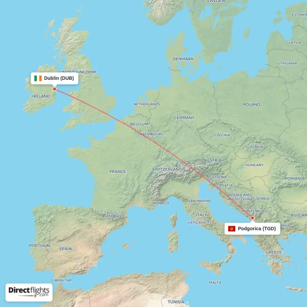 Dublin - Podgorica direct flight map