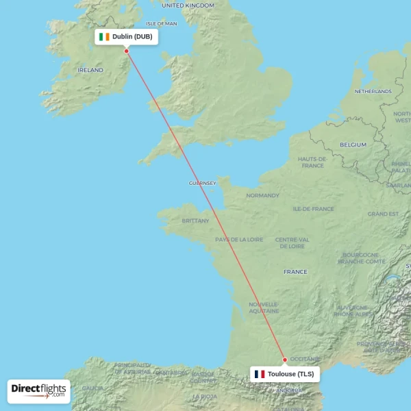 Dublin - Toulouse direct flight map