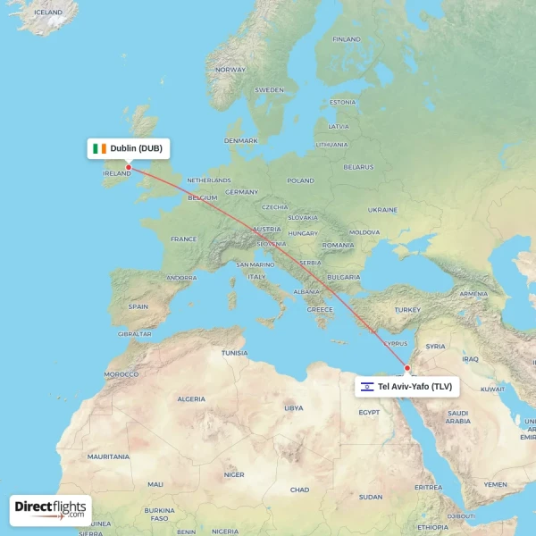 Dublin - Tel Aviv-Yafo direct flight map