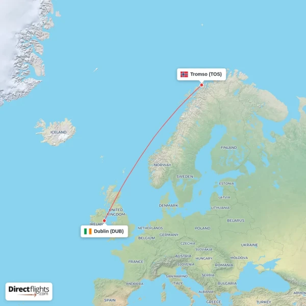 Dublin - Tromso direct flight map