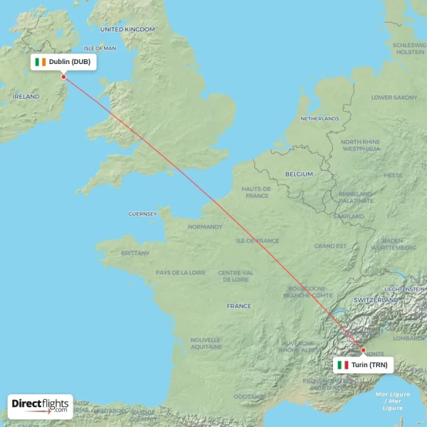 Dublin - Turin direct flight map